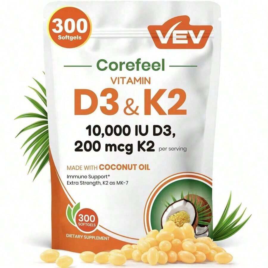 Selling Fast!VEV Vitamin D3 K2 10000 LU, 300 VirginCoconut Oil Softgels,2 In 1 Vitamins Supplement D & K. Women's Health. - 1 件 - 查看 1