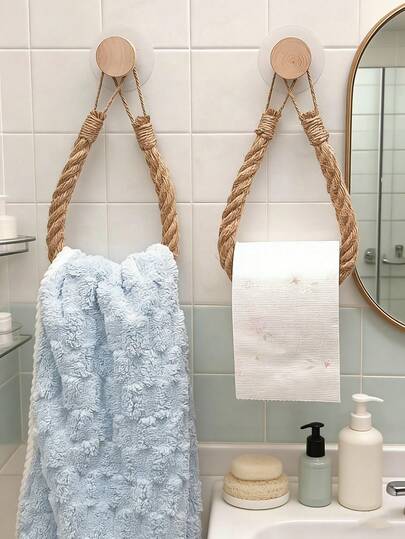 Móc treo bằng gỗ nguyên khối không cần khoan, có dây thừng, giá đựng giấy vệ sinh sáng tạo, kệ đựng đồ đan lát cho phòng tắm, móc treo khăn.