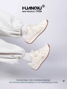HUANQIU 2026 New Style Women's Shoes, Women's Sneakers, Thick-Soled Casual Shoes, Fashionable , Easy-Matching, Lightweight, Comfortable, Lace-Up, Soft-Soled Casual Shoes, Running Shoes, Beige, All-Season Shoes - Beige - View 8