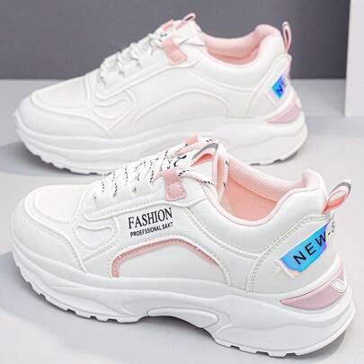 Flipark 1 Pair Laser Holographic White & Pink Casual Sneakers, Soft & Comfortable Athletic Shoes, Fashion Versatile Low-Top Student Old Chunky Sneakers
