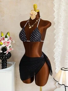European And American Fashion Black & White Polka Dot Halter Neck Printed 3-Piece Bikini Set, Women Casual Cute Elegant Sexy Bohemian Summer - Black and White - View 5