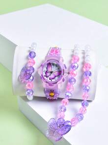 3件套女孩礼物 - 紫色卡通蝴蝶软硅胶夜光表带儿童模拟石英表，创意学生腕表，儿童项链手链公主首饰套装 - 紫色 - 查看 9