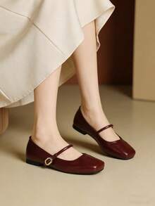 女士方头玛丽珍平底鞋，酒红色复古风，舒适透气绑带鞋 - 酒紅色 - 查看 1