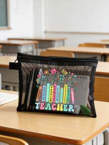 Teacher Theme Mesh Cosmetic Bag, Floral Design With "Teacher" Text, Transparent Mesh Storage Pouch, Teacher Makeup Bag, Toiletry Bag, Teacher's Day Gift, Cosmetic Storage Pouch, Portable Toiletry Organizer - Multicolor - View 10