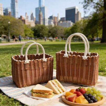 1 st handvävd picknickkorg i rottingliknande stil med handtag, hållbar och lätt polypropylenvävd shoppingkorg för frukt, grönsaker, ägg - liten/stor, handvävd förvaringskorg för utomhuspicknick, frukt- och grönsaksförvaring, badrumsförvaring, alla hjärtans dag-presentkorg, stor hopfällbar förvaringskorg i plast i rottingliknande stil med handtag för frukt och grönsaker, picknick, kök, tvättstuga, badrumsorganisation