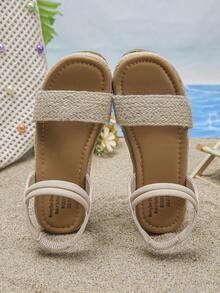 1 Par de Sandálias de Verão para Meninas, Estilo Minimalista e da Moda para Praia e Férias, Sandálias de Plataforma Bege com Sola Grossa, Sandálias de Palha Trançada de Verão para Crianças, Adequadas para Férias e Uso Diário - Damasco - Visão 7