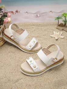 1 Pair Girls' Woven Wedge Sandals, Runs Small By 1 Size, Buckle Strap, Anti-Slip, Lightweight, Casual, Open Toe, Fashionable, Comfortable, Thick Sole, Suitable For Daily Wear And School In Summer - White - View 8