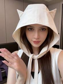 1pc 3-In-1 Cute Tie-Up Cat Ear Bucket Hat, Quick-Dry Sun Protection Cap, Thin Ear-Covering Head Scarf - Tie-on Hat - View 6