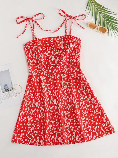 女士碎花荷叶边吊带连衣裙，碎花系带连衣裙，可爱波西米亚风无袖A字短款夏季度假连衣裙