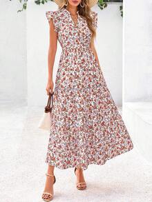 Women's Summer Print Mid-Length Dress With Sleeve Cap V-Neck Ruffled Long Flowing Bohemian Style Casual Beach Holiday Dress - Nền trắng màu cam - Xem 4