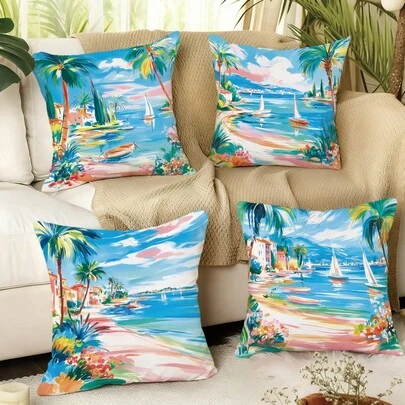 MEMNUN 4pcs Mediterranean Seascape Printed Pillow Covers [Without Pillow Insert], 17.7*17.7in(45*45cm), [Single-Sided Printing], Made Of Polyester, Featuring Palm Tree, White Sailboat, Orange Beach Hut And Blue Sea, Suitable For Sofa, Living Room, Bedroom, Car, Office, Hotel, Vacation Rental, Perfect Gift For Family And Friends