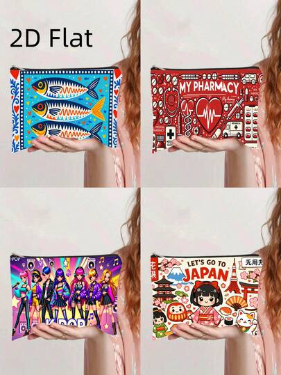 化妆包 1 个，葡萄牙传统沙丁鱼图案，时尚拉链钱包，工作零食袋，护肤品收纳包，双面印花化妆包，学生文具收纳包，节日礼物，1 个 K-Pop 组合主题化妆品旅行收纳包，双面化妆包 - 印有 K-Pop 标志和韩国流行文化设计。轻便可折叠男女通用手提包
