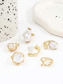 6枚复洛克风格仿珍珠戒指，不对称叠戴戒指套装，女士款 - 金色 - 查看 6