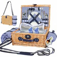 Picnic Basket 4 With Waterproof Picnic Blanket And Insulated Cooler, Willow Hamper Camping, Outdoors, Photoshoot, Or A Birthday, Valentine's Day, Wedding, Pink - 藍白網格 - 查看 9