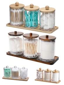 10盎司棉签/棉球/化妆棉收纳盒，带梳妆托盘、棉签和药片收纳盒、透明浴室收纳盒，3包带木盖。 - 彩色 - 查看 1