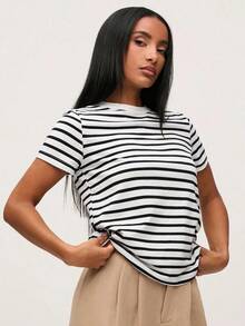 SHEINBASICSS Striped Print T-Shirt/Summer - BlackandWhite - View 3