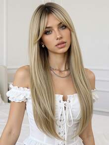 Ombre Linen Gold Long Straight Synthetic Wigs For Women Natural Wave Wigs With Bangs Heat Resistant Cosplay Hair - Multicolor - View 3