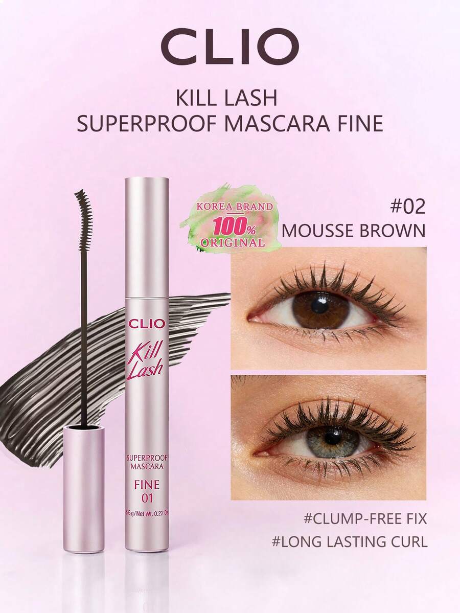 Clio Ultra Fine & Thin Waterproof Mascara 02 Mocha Brown, Lengthening & Curling Formula, Smudge-Proof & Long-Lasting, 3mm Precise Brush Head Coats Even Short Lashes, Essential For Korean Makeup