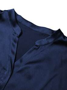 Áo kiểu nữ cỡ lớn cổ chữ V thanh lịch, chất liệu polyester, màu trơn, tay ngắn, kiểu dáng thời trang cho mùa xuân/hè. - Màu xanh hải quân - Xem 3