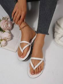 Women's Flip Flops, Casual Street Style Flat Sandals, Solid Color Outdoor Slip-On Beach Slippers, Spring/Summer New Arrival Thong Sandals, Round Toe Flat Slippers, Beach Lace-Up Sandals For Home & Beach - White - View 5