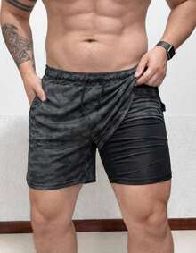 Men's Double Shorts 2 In 1 Premium Compression Fitness Dry Fit For Gym, Training, Running, Soccer - Ngụy trang - Xem 2
