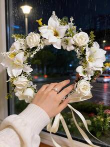 1pc Elegant Rose Flower Boho Bridal Wreath, Romantic Wedding Headpiece - White - View 2