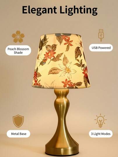Classic Retro Creative Table Lamp, Peach Blossom Pattern Lampshade, Bedroom Bedside Lamp With Metal Base, 3-Color Dimmable LED Night Light, Suitable For Bedroom/Living Room/Office Decor