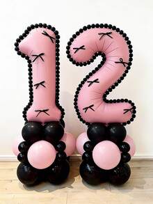 40pcs/Set Black & Pink Number Balloon Set, Includes 32-Inch 0-9 Candy Pink Numbers, Black & Pink Latex Balloons, Black Satin Ribbon Bows, Suitable For Birthday Party, Bow Party, Pink Theme Party, Princess Birthday Party Decor, Wedding Anniversary - Multicolor - View 1