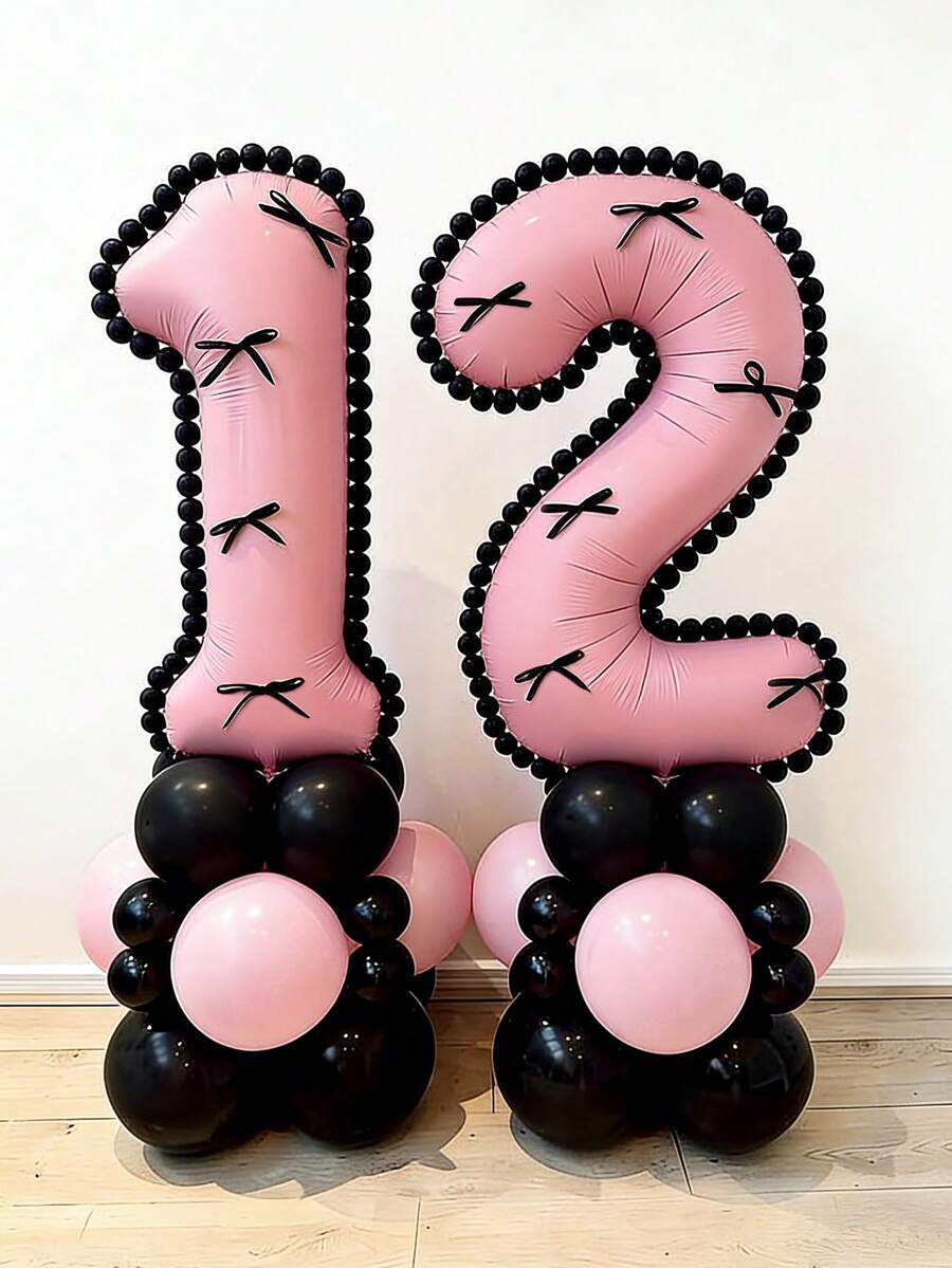 40pcs/Set Black & Pink Number Balloon Set, Includes 32-Inch 0-9 Candy Pink Numbers, Black & Pink Latex Balloons, Black Satin Ribbon Bows, Suitable For Birthday Party, Bow Party, Pink Theme Party, Princess Birthday Party Decor, Wedding Anniversary - Multicolor - View 1