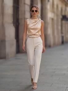 Vuslat 女士夏季梭织柔软缎面休闲通勤风翻领纯色褶裥不对称金属纽扣衬衫，适合情人节、工作通勤、商务会议、度假、狂欢节等场合。 - 香檳色 - 查看 8