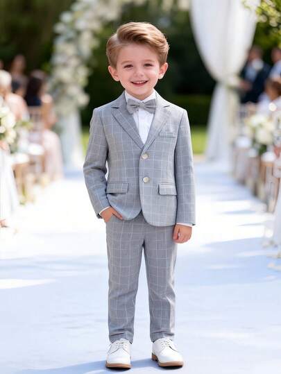 4-12 Years Old Boys Casual Plaid 2 Pieces Suit Set With Tie, Grey, Fashionable & Elegant, Suitable For Spring & Summer