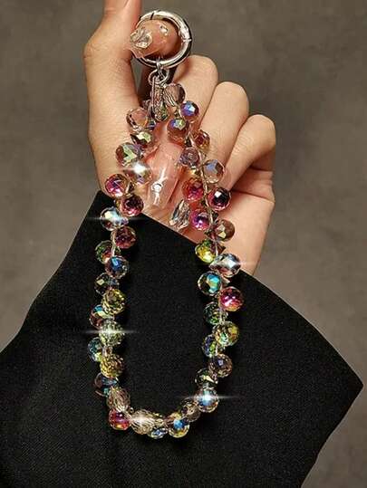 1pc Handmade Glittering Transparent Beaded Phone Accessory Strap, Phone Lanyard Keychain (Due To Shooting Angle And Magnification, The Actual Size Of The Item May Slightly Differ From The Photo)