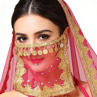 Bohemian Coin Fringe Sequin Embellished Sheer Mesh Face Veil - Exotic Belly Dance Accessory, Music Festival & Halloween Cosplay Face Decor (Multiple Colors Available)