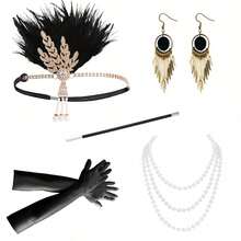 20 Pieces Women's 1920s Accessories Set: Robe, Great Gatsby-Style Feather Headpiece, Faux Pearl Necklace, Gloves Prom Halloween - Multicolor - View 36