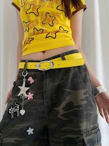 Women's Oval Buckle Belt, Yellow PU Fabric, New Solid Color Style, Suitable For Autumn, Halloween. - Màu vàng - Xem 3