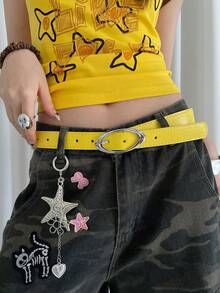 Women's Oval Buckle Belt, Yellow PU Fabric, New Solid Color Style, Suitable For Autumn, Halloween. - Màu vàng - Xem 1