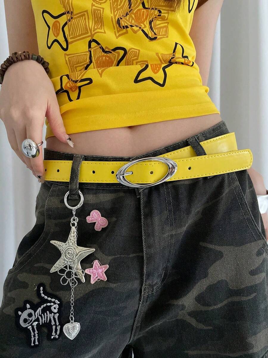 Women's Oval Buckle Belt, Yellow PU Fabric, New Solid Color Style, Suitable For Autumn, Halloween. - Màu vàng - Xem 1