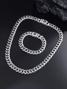 CVNANA 2pcs 14K Golden Plated Necklace With Bracelet Set,Polished Finish Cuban Chain Necklace, Punk Style Unisex Hip Hop Choker Jewelry Set,Men's Gifts,Men's Jewelry,Fashion Jewelry Perfect Gift For Birthday, Valentine's Day,Father's Day - A - View 3