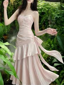 闪亮荷叶边下摆派对礼服，优雅炫彩吊带演唱会礼服，时尚伴娘正式生日返校礼服，春夏服装 - 淺粉色 - 查看 4