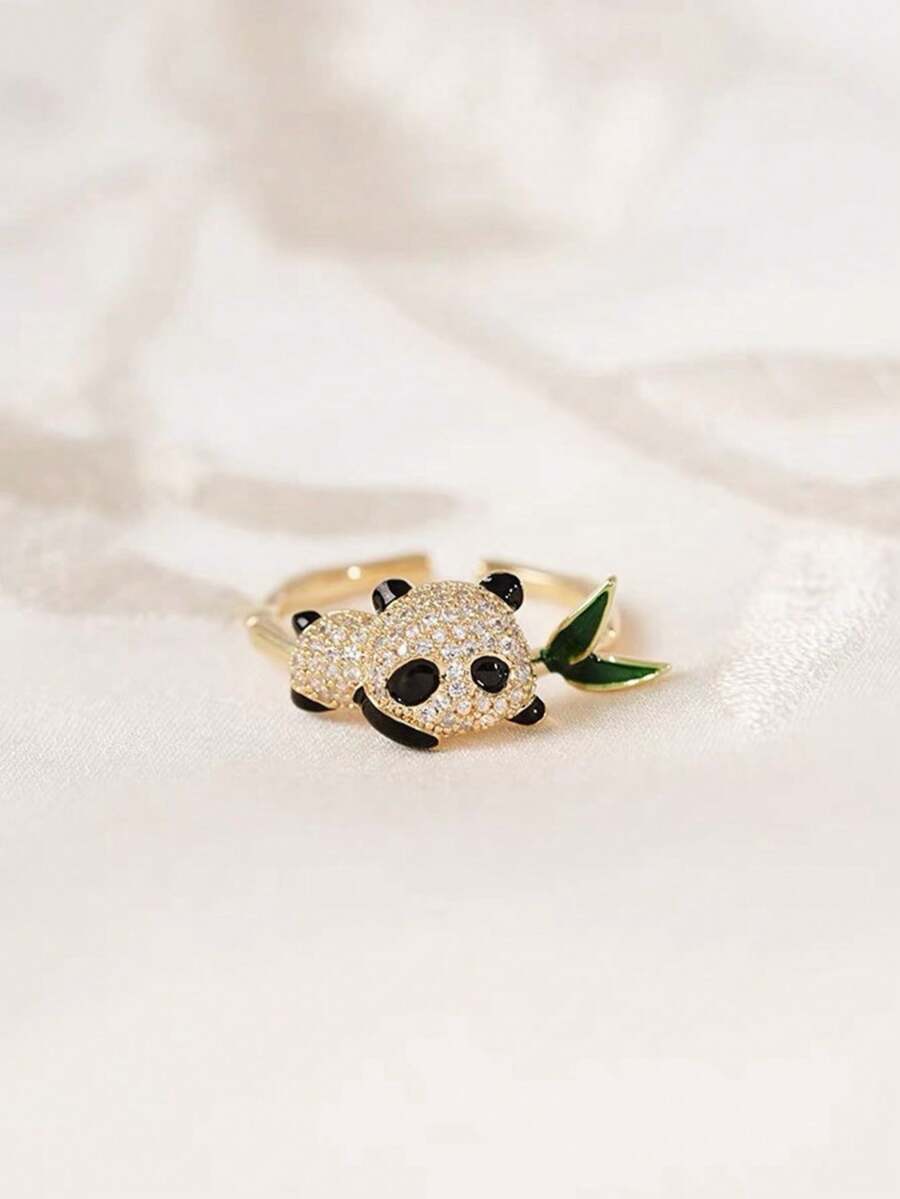 1pc Cute Panda & Bamboo Themed Ring, Exquisite Unique Design, Ideal Gift For Friends - Multicolor - View 1
