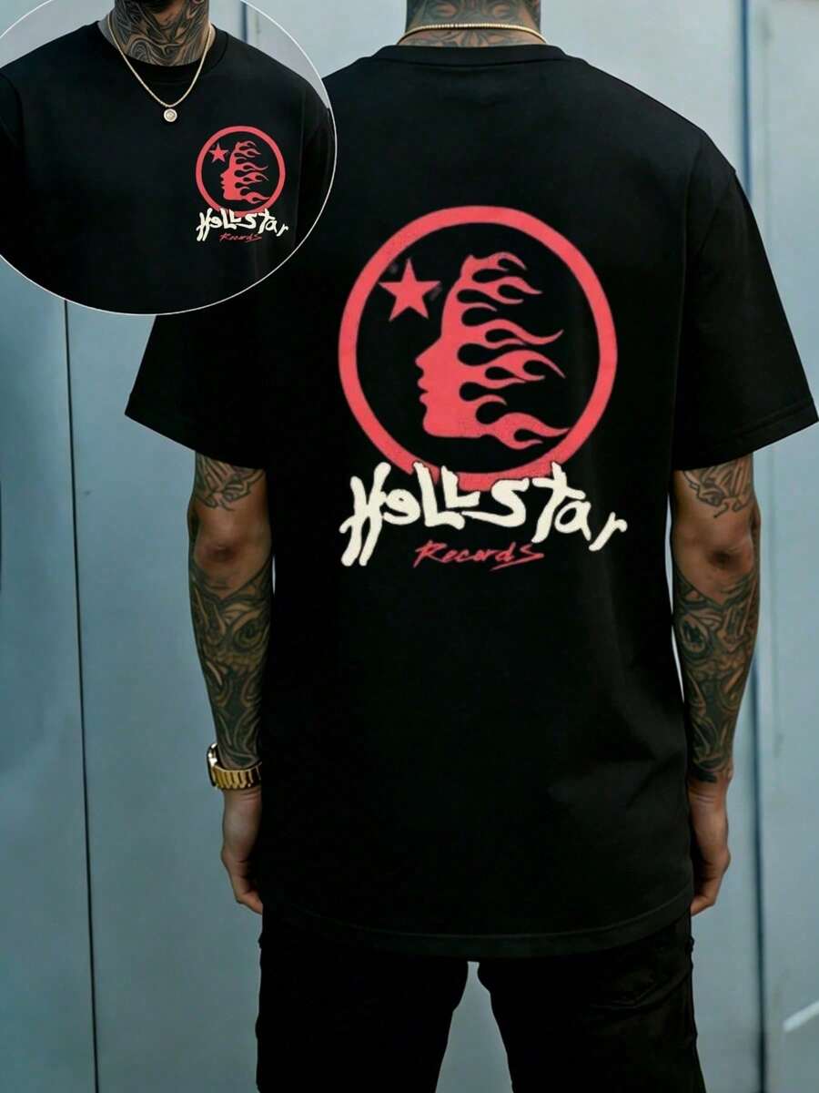 Hellstars Fire Hair Logo Vintage Washed T-Shirt Double Sided Printed (220g 100% Cotton T-Shirt),Summer Clothes, Men's Tops, Casual And Comfortable, Fashionable Graphic Tee, Unisex Style - Black - View 1