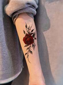 1 Piece Of Tattoo Sticker Temporary Tattoo Sticker, Pure Royal Wind Warm Red Rose Flower Pattern Waterproof And Sweatproof Washable Non-Reflective Arm And Shoulder Simulation Tattoo Suitable For Fashionable People And Can Last 3-5 Days - Multicolor - View 5