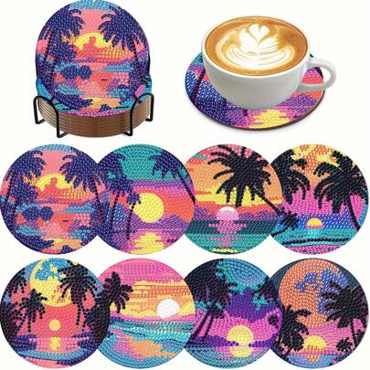 8pcs DIY Diamond Painting Coaster Set, Round & Bright Diamond Surface, Sturdy Adhesive With Full Tools, Easy For Beginners, Stress Relief Handcraft, New Year, Valentine's Day, Christmas, Teacher's Day Gift, Home Decor Tabletop Coasters, Gift For Family, Friends, Girlfriend, Teacher