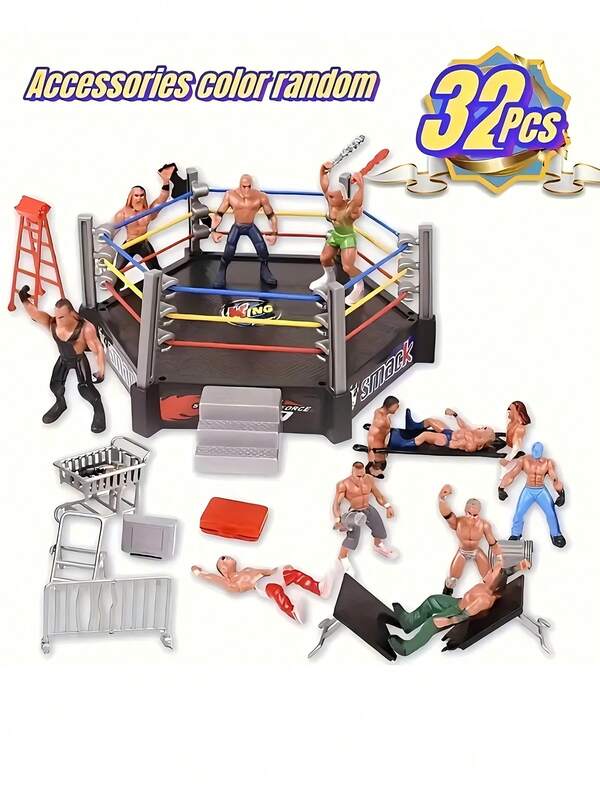 32PCS Mini Wrestling Action Doll Set Toys, Family Interactive Wrestling Game, Made Of Plastic Material, Equipped With Arena, Cage, And Realistic Accessory Toys And Doll Collections, Suitable For Room Decoration And Party Toy Games, Preparing Exquisite Birthday Gifts For Family And Friends