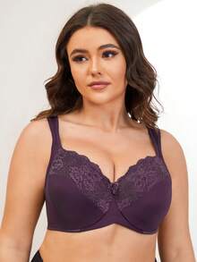 MELENECA Women Plus Size Full Coverage Wireless Lace Comfort Padded Bra - Purple - View 5