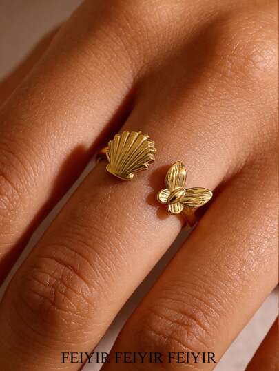 Lovely Small Flower And Shell Stainless Steel Woman's Ring, 18K Gold-Plated Anti Rust Adjustable Charm Finger Rings For Women, Golden Summer Beach Vacation Jewelry Wedding Accessories, Anniversary & Birthday Gifts