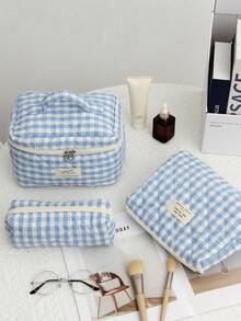 3PCS/1set Quilted Makeup Bag Set, Cosmetic Bag, Stylish Travel Toiletry Bag, Cute Small Pouch, Kawaii Aesthetic Makeup Bag, Travel Plaid Makeup Organizer Bag With Zipper Pocket, Chere Checkered Makeup Bag, Travel Makeup Bag, Large Capacity Pencil Case, Makeup Brush Holder Bag, Holiday Travel Toiletry Bag, Bathroom Accessories, Wedding Gift, Bridesmaid Gift, Birthday Gift, Friend Gift, Valentine's Day Gift, Holiday Gift, Bathroom Supplies, Back To School,Makeup Bag,Travel Essential - Multicolor - View 1