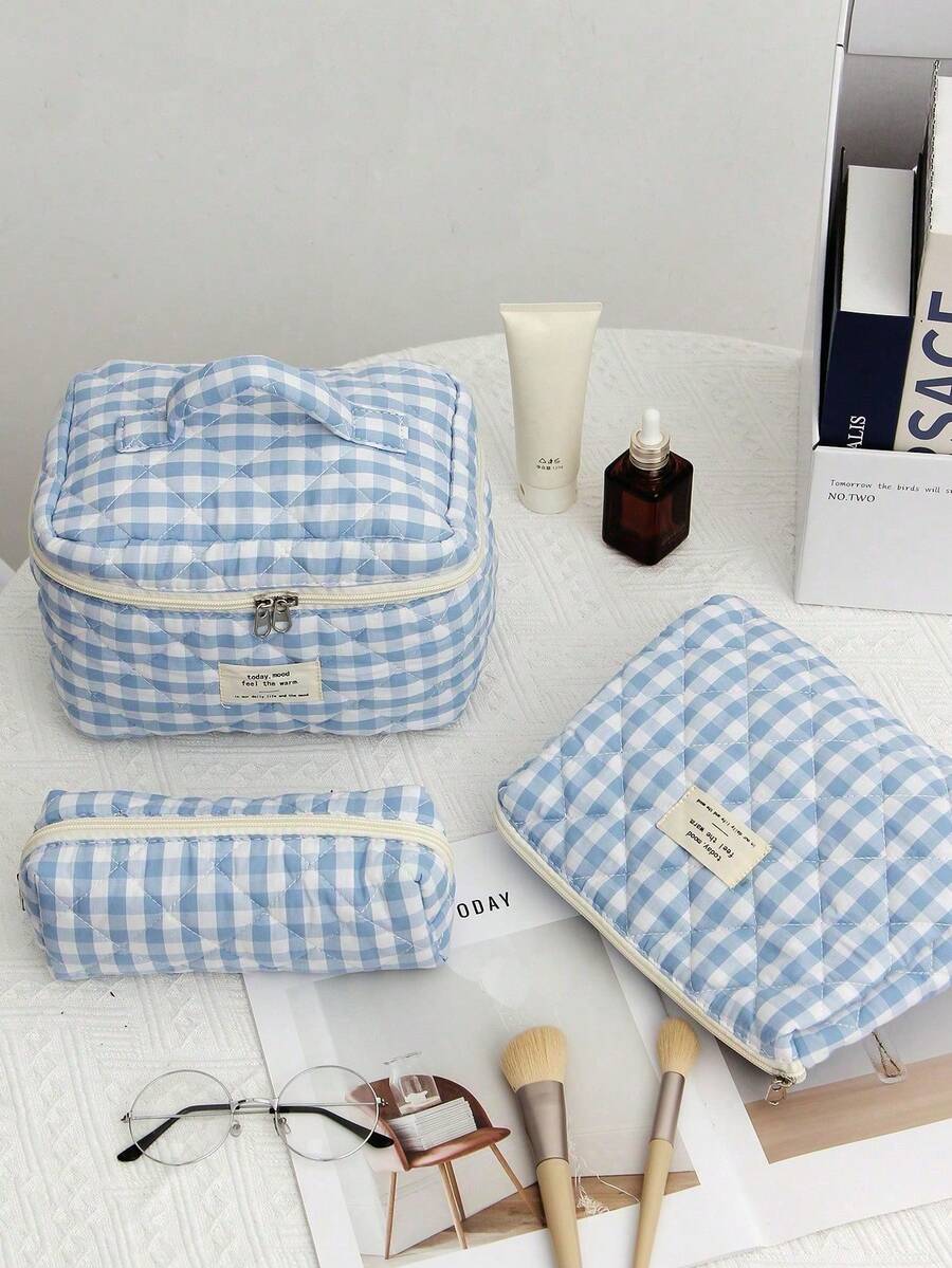 3PCS/1set Quilted Makeup Bag Set, Cosmetic Bag, Stylish Travel Toiletry Bag, Cute Small Pouch, Kawaii Aesthetic Makeup Bag, Travel Plaid Makeup Organizer Bag With Zipper Pocket, Chere Checkered Makeup Bag, Travel Makeup Bag, Large Capacity Pencil Case, Makeup Brush Holder Bag, Holiday Travel Toiletry Bag, Bathroom Accessories, Wedding Gift, Bridesmaid Gift, Birthday Gift, Friend Gift, Valentine's Day Gift, Holiday Gift, Bathroom Supplies, Back To School,Makeup Bag,Travel Essential - Multicolor - View 1