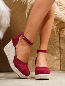 Women's Comfortable Non-Slip Buckle Round Toe Platform Wedge Shoes, Spring/Summer - Burgundy - View 7