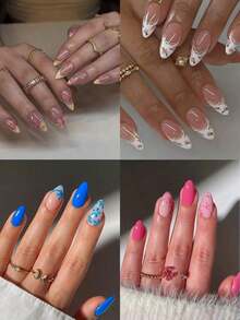 24pcs Medium Almond Shaped Nail Stickers, White French Pointed Tip, Floral Pattern, Fashionable Full Coverage, Suitable For Women & Girls Daily Wear, Summer Nail Art Nails Nail Supplies - 多色 4 - 查看 7